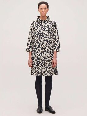 COS Poplin Day Dress Size 6 Cream Navy Abstract Print